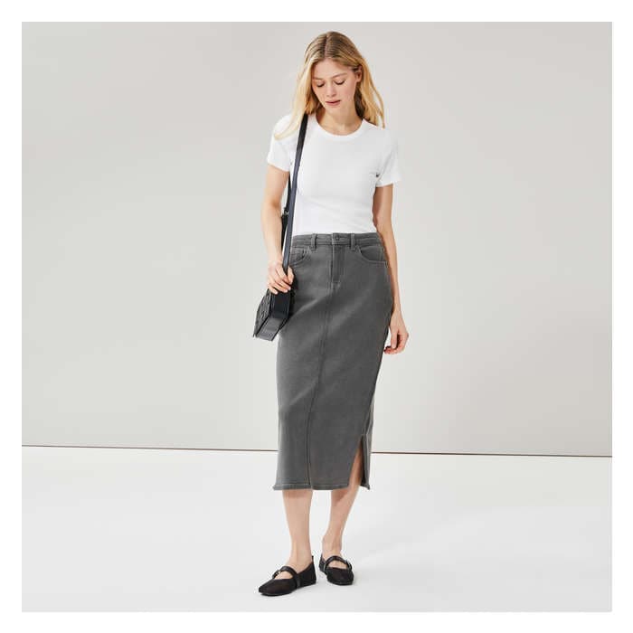 Women's Grey Denim Midi Skirt
